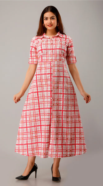 Svarchi Womens Rayon Geometric Printed A-Line Long Maxi Dress (Red & White)