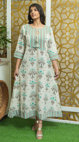Svarchi Women's Cotton Flex Printed Anarkali Kurta (Green & Grey)