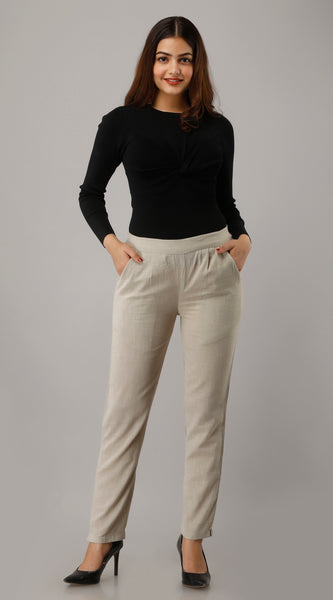 Svarchi Women's Cotton Flax Solid Straight Trouser Pant (Beige)