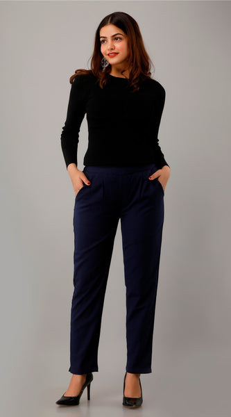 Svarchi Women's Cotton Flax Solid Straight Trouser Pant (Navy Blue)