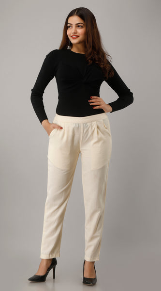 Svarchi Women's Cotton Flax Solid Straight Trouser Pant (Off-White)