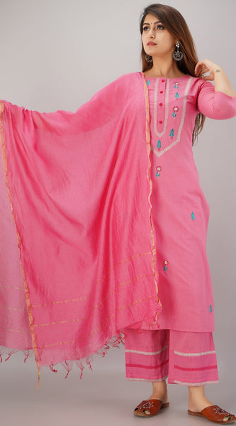 Svarchi Women's Cotton Slub Embroidered Straight Kurta Palazzo & Dupatta Set (Pink)