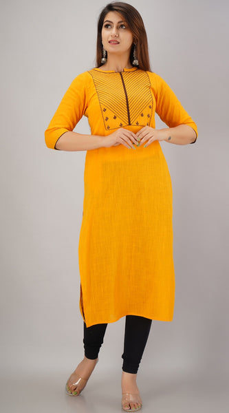 Svarchi Women's Cotton Slub Embroidered Straight Kurta (Yellow)