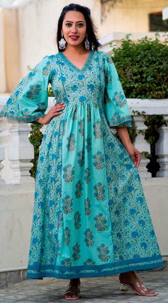 Svarchi Adqeduct Turquoise Blue Premium Cotton Gold Foil Printed Dress