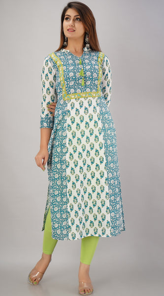 Svarchi Women's Rayon  Embroidered Straight Kurta (White & Green)