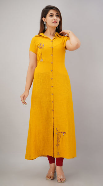 Svarchi Women's Cotton Slub Embroidered A-Line Kurta (Mustard)