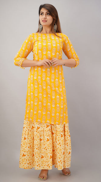 Svarchi Women's Cotton Cambric Floral Printed Straight Kurta & Sharara Set (Yellow)
