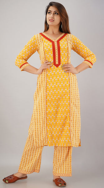 Svarchi Women's Cotton Cambric Buti Printed Straight Kurta & Palazzo Set (Yellow)