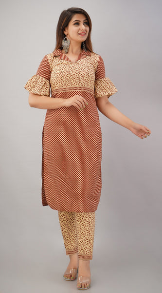 Svarchi Women's Cotton Cambric Buti Printed Straight Kurta & Pant Set (Beige)