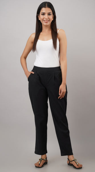 Svarchi Women's Cotton Flax Solid Straight Trouser Pant (Black)