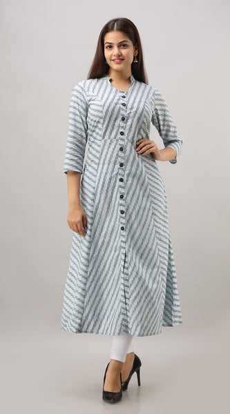 Svarchi Women's Rayon  Striped Printed A-Line Kurta (Blue)