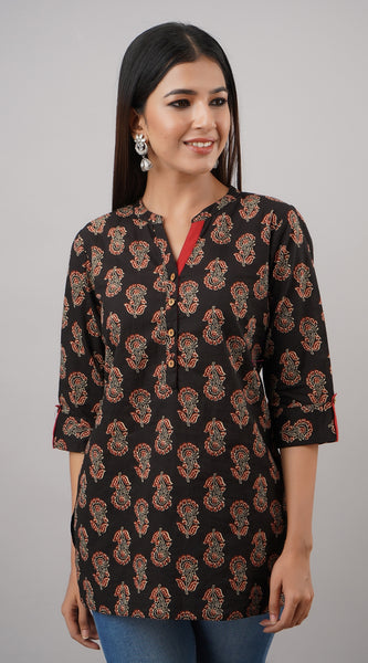 Svarchi Women's Rayon  Block Print Straight Tunic (Black)