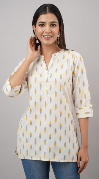 Svarchi Women's Rayon Cotton Blend Block Print Straight Tunic (White)