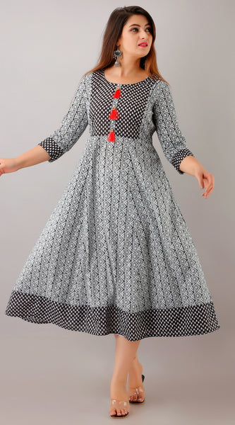 Svarchi Womens Rayon Abstract Print Anarkali Dress (White Black)