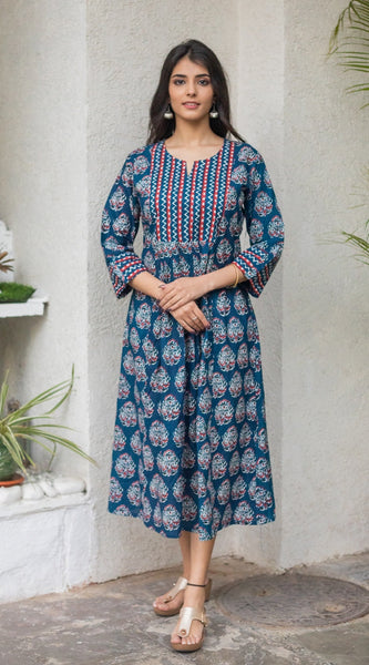 Svarchi Womens Cotton Buti Print Dress (Blue)