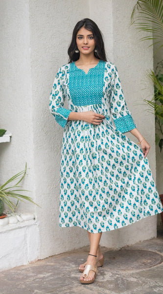 Svarchi Womens Cotton Buti Print Anarkali Dress (White)