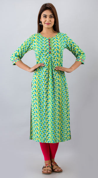 Svarchi Womens Rayon Geometric Print A-Line Kurta (Green)