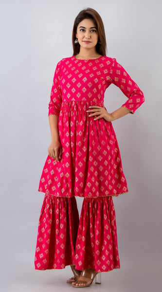 Svarchi Womens Rayon Buti Print Flared Kurta Sharara (Pink)