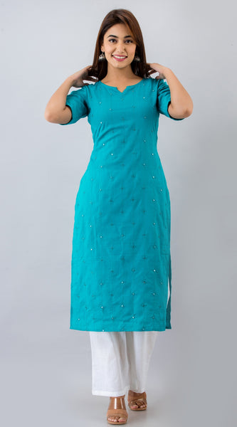 Svarchi Womens Cotton Blend Embellished Straight Kurta (Turquoise)