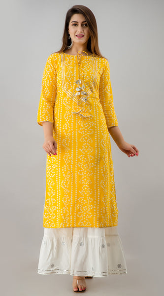 Svarchi Womens Rayon Bandhej Print Straight Kurta Sharara (Yellow)