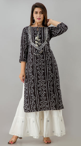 Svarchi Womens Rayon Bandhej Print Straight Kurta Sharara (Black)