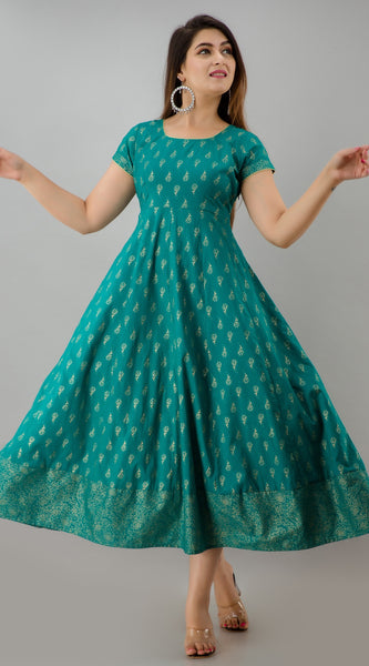 Svarchi Womens Rayon Paisley Print Anarkali Dress (Green)
