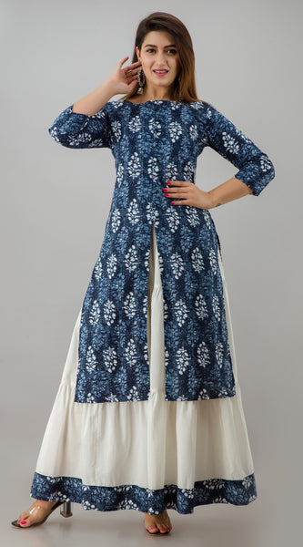 Svarchi Womens Rayon Floral Print Straight Kurta Skirt (Blue)