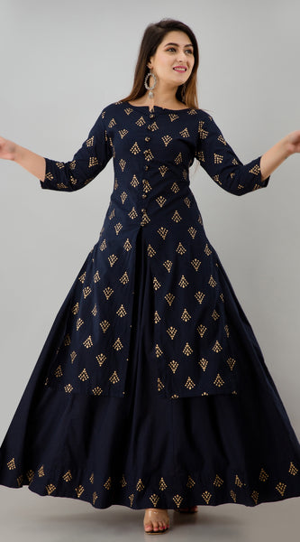 Svarchi Women's Rayon Gold Print Straight Kurta with Skirt Set (Blue & Gold)