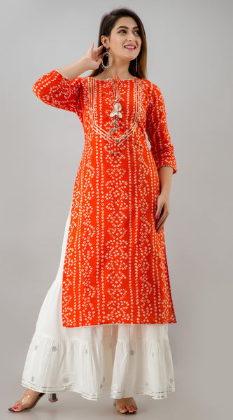 Svarchi  Womens Rayon  Bandhej Print STRAIGHT Kurta  (ORANGE)