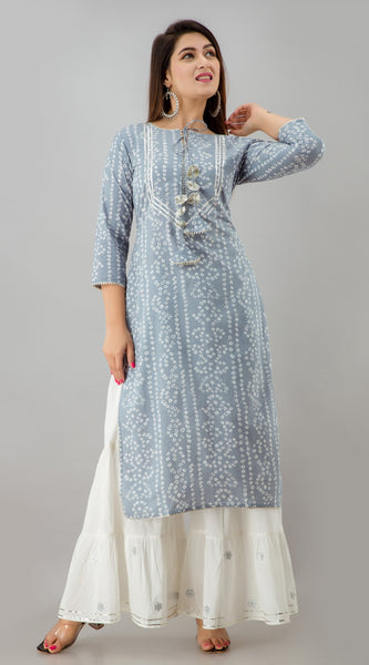 Svarchi  Womens Rayon  Bandhej Print Straight Kurta  (Grey)