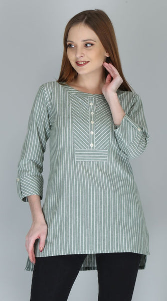 Svarchi Womens Cotton Yarn Dyed Stripes Straight Tunic (Green)