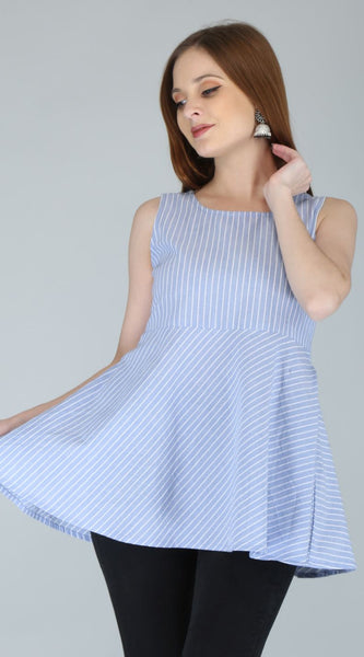 Sky Blue Striped Sleeveless Peplum Top