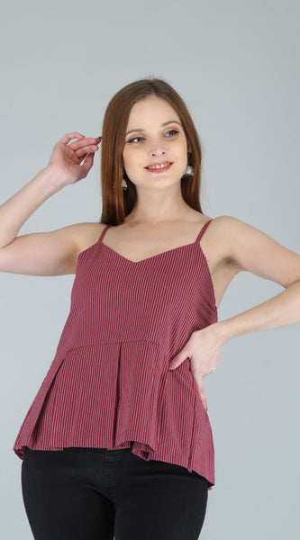 Maroon Striped Spaghetti Strap Flared Top