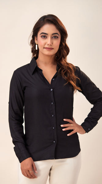 Svarchi Womens Poly Satin Solid Casual Shirt (Black)