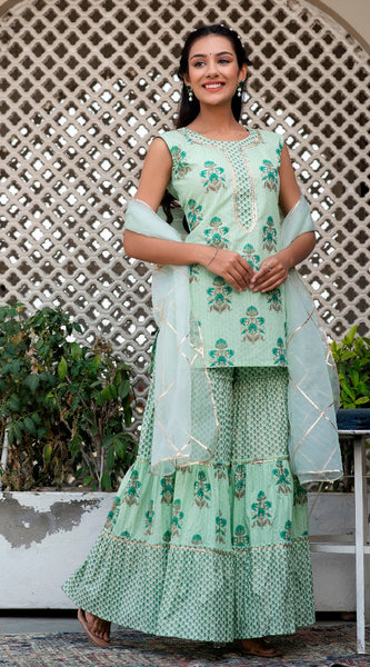 Svarchi Mint Tea Green Premium Cotton Gold Foil Printed Suit Set With Organza Dupatta