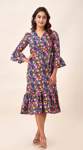 Svarchi Womens Poly Crepe Floral Printed A-Line Long Midi Dress (Multi-colour)