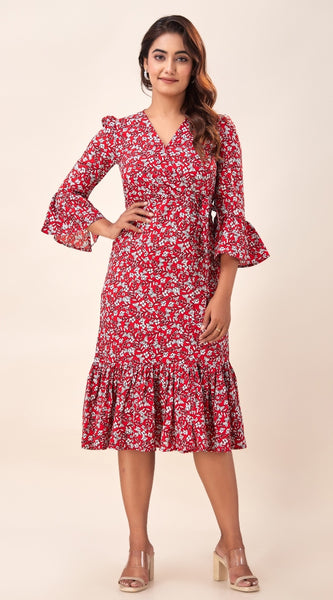 Svarchi Womens Poly Crepe Floral Printed A-Line Long Midi Dress (Red)