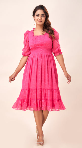 Svarchi Womens Poly Chiffon Solid A-Line  Midi Dress (Pink)