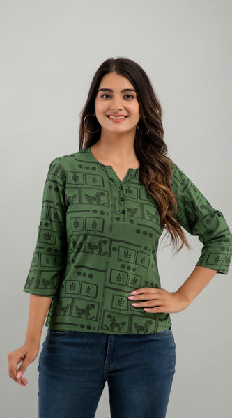 Olive Green Printed Half Placket Top with 3/4th Sleeves
