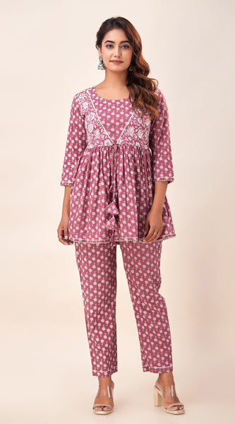Svarchi Womens Cotton Floral print fit and flared Short Tunic (Mauve)