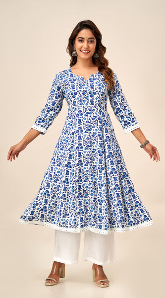 Svarchi Women's Viscose Rayon Abstract Printed Anarkali Kurta (Blue - White)