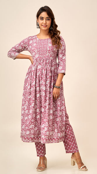 Svarchi Women's Cotton Floral Printed Anarkali Kurta (Mauve)