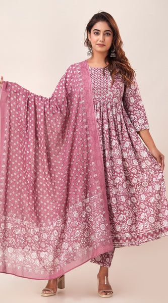 Svarchi Women's Cotton Floral Printed Anarkali Kurta Pant & Dupatta Set (Mauve)
