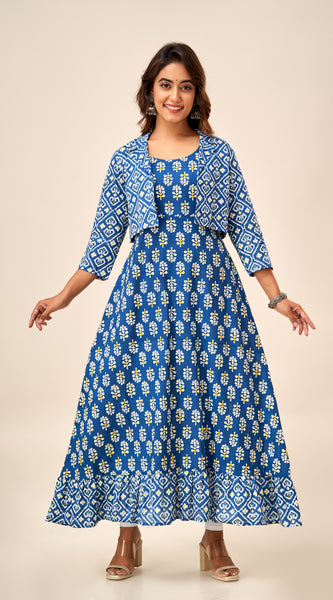Svarchi Women's Cotton Geometric Printed A-Line Kurta With Jacket (Blue)