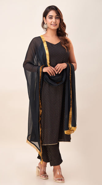 Svarchi Women's Viscose Rayon geometric Printed Straight Kurta Pant & Dupatta Set (Black)