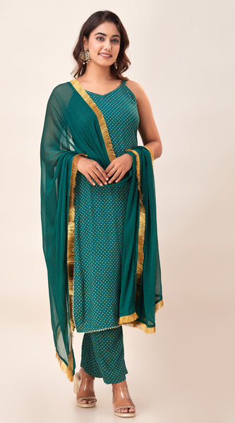 Svarchi Women's Viscose Rayon geometric Printed Straight Kurta Pant & Dupatta Set (Green)