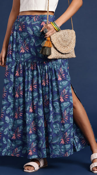 Svarchi Blue Bagru Hand Block Print Ethnic Sustainable Maxi Pure Cotton Skirt with Gathers