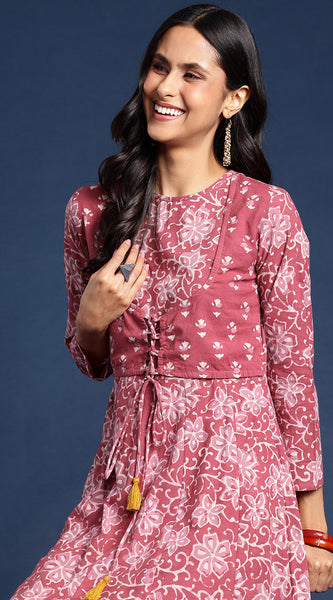 Svarchi Women Maroon Dabu Hand Block Print Sustainable A-Line Layered Kurta with Tie-Up Detail