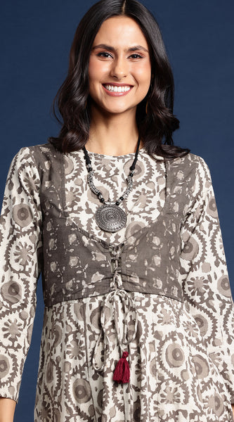 Svarchi Women Beige Dabu Hand Block Print Sustainable A-Line Layered Kurta with Tie-Up Detail