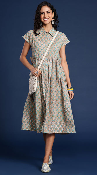 Svarchi Women Green Bagru Print Sustainable A-Line Dress